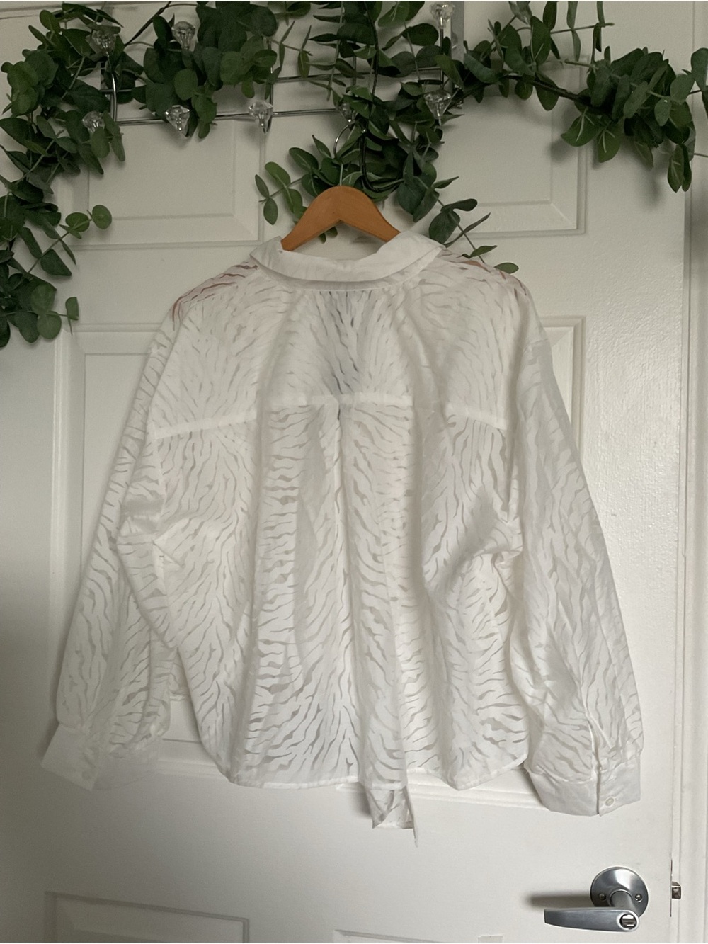 Ashley Stewart White Sheer Zebra-Print Tie Front Button Down Shirt - Picture 3 of 8